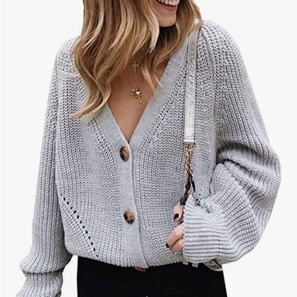 Gray Chunky Knit Cardigan Oversized Slouchy Off Shoulder Sweater L